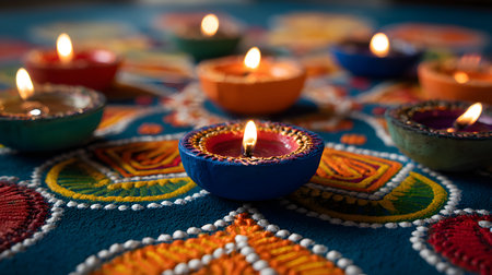 Indian festival Diwali, Diya oil lamps lit on colorful rangoli. Hindu traditional. Happy Deepavali. Copy space for textの素材
