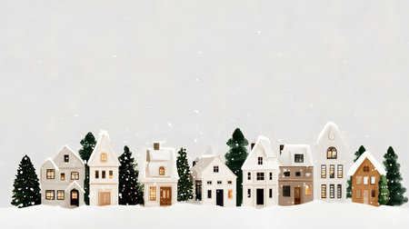 Christmas background with houses, trees, and snowflakes. Christmas miniature village with houses and trees in the snowの素材