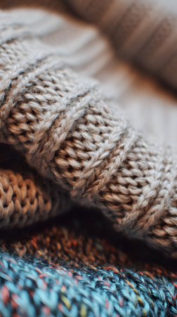 kneat sweater texture close up. Knitted woolen sweaters. Close-up. Selective focus. Multicolored wool yarn background. Close-up of knitting wool textureの素材
