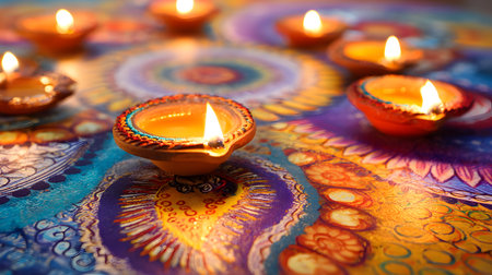 Happy Deepavali. Indian festival Diwali, Diya oil lamps lit on colorful rangoli. Hindu traditional. Copy space, selective focusの素材