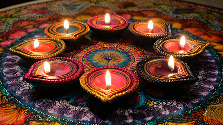 Happy Deepavali. Indian festival Diwali, Diya oil lamps lit on colorful rangoli. Hindu traditional. Copy space, selective focusの素材