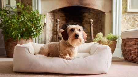 Cute dachshund dog is lying on a pillow in front of a fireplace at home. Cute dachshund dog on a soft pillow in a living room. Portrait of a dog in a bright, modern, minimalist interior. A small Cute dog at home on a wooden floor, copy space. Pet careの素材