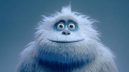 Funny yetty creature with blue eyes. Funny cartoon creature. Halloween monster with blue eyes and a blue fur coat.の素材