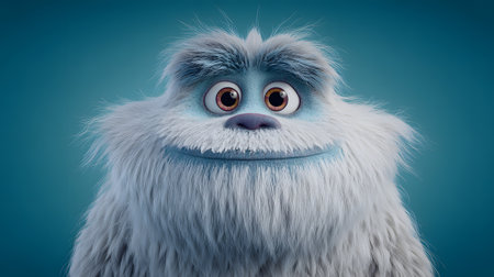 Funny yetty creature with blue eyes. Funny cartoon creature. Halloween monster with blue eyes and a blue fur coat.の素材