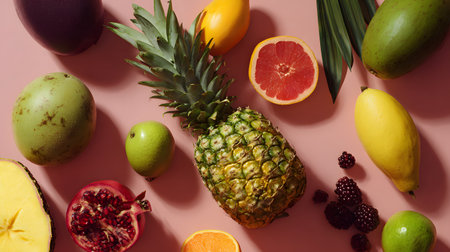 Tropical fruits on a pink background. Flat lay, top viewの素材