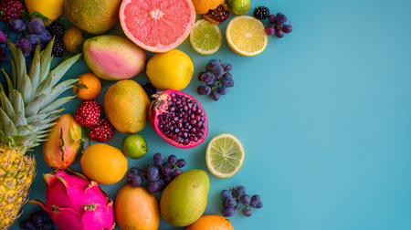 Variety of exotic fruits on blue background, flat lay. Colorful fruits and berries on blue background, top view, copy spaceの素材