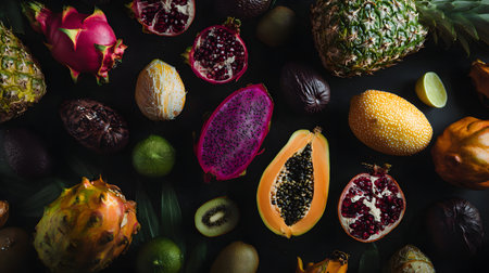 Tropical fruits on a dark blue background. Pineapple, grapefruit, kiwi, orange, pomegranate, flat layの素材