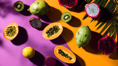Exotic fruits on colorful background. Top view. Flat layの素材