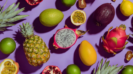 Tropical fruits on a purple background. Pineapple, dragon fruit, passion fruit, mango, kiwi, pitahaya, lime. Exotic fruits on the purple background, top view, flat layの素材