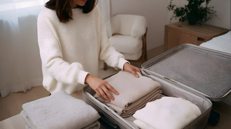 Young woman packing clothes into a suitcase at home, close-up. Cropped image of a young woman packing clothes into a suitcase in the living room. Close-up of hands, copy spaceの素材