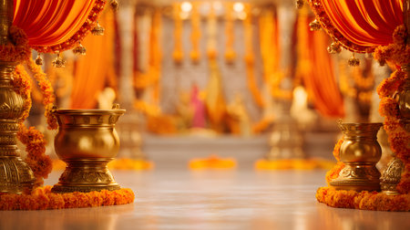luxury faceless navratri festival background, golden temple bells and marigold garlands, saffron and red drapes with shimmering diyas, copy space pedestal for product placement, faceless cultural silhouettes in soft blurの素材