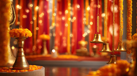 Navratri festival background, Buddhist religious ceremony in the temple, close-up. golden garlands and red background, selective focus, golden temple bells, and marigold garlandsの素材