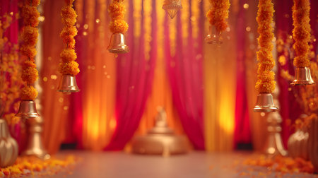 Navratri festival background, Buddhist religious ceremony in the temple, close-up. golden garlands and red background, selective focus, golden temple bells, and marigold garlandsの素材