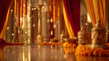 Navratri festival background, Buddhist religious ceremony in the temple, close-up. golden garlands and red background, selective focus, golden temple bells, and marigold garlandsの素材