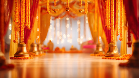 Navratri festival background, Buddhist religious ceremony in the temple, close-up. golden garlands and red background, selective focus, golden temple bells, and marigold garlandsの素材