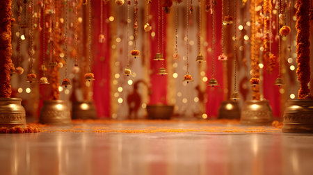 Navratri festival background, Buddhist religious ceremony in the temple, close-up. golden garlands and red background, selective focus, golden temple bells, and marigold garlandsの素材