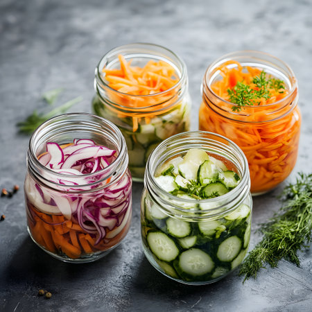 picled Salad with cucumber, red onion, carrot and dill in glass jars. Jarred vegetable picklesの素材
