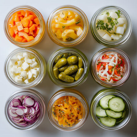 Pickled vegetables in glass jars on a white background. Top view. flat lay. Jarred vegetable picklesの素材