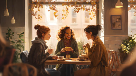 Illustration of a Group of young women drinking coffee in a cafe. They are talking and laughing. Group of beautiful women sitting in a cafe, talking and drinking coffee. Woman power, friendship, networking concept. Friends cafe conversationの素材