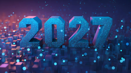 Happy New Year 2027. Abstract numbers 2027 on blue backgroundの素材
