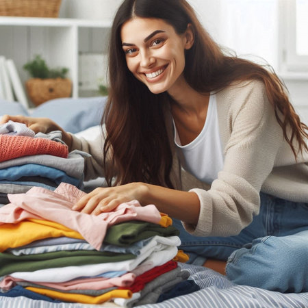Portrait of a woman holding a pile of clothes. Cleaning conceptの素材