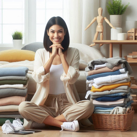 Portrait of a woman holding a pile of clothes. Cleaning conceptの素材