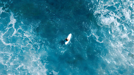 Aerial view of a surfer with a surfboard in the ocean or sea. Top viewの素材
