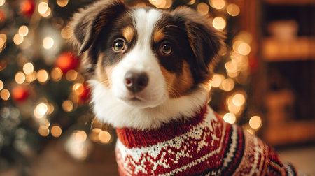 Cute Australian Shepherd dog in knitted sweater at home on bokeh background. Cute little dog in knitted sweater on background of Christmas lightsの素材