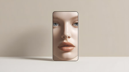Portrait of a female face on the phone screen with copy space on beige clear backgroundの素材