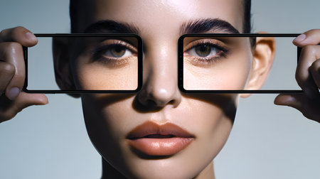 person holding smartphones that display close-up fragments of their face. persons face is partially replaced by embedded smartphones displaying facial parts such us eyes, lipsの素材