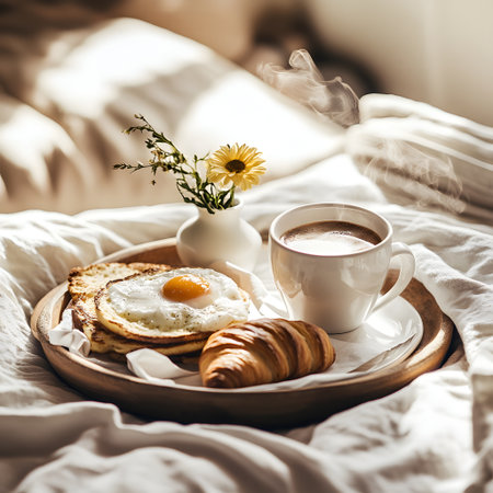 Conscious chaos. Breakfast in bed with coffee and croissants in morning lightの素材