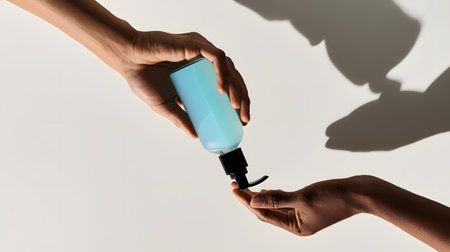 product photography, hands holding an aqua blue glass skin product. minimalistic style with shadows. Product is inverted up side downの素材