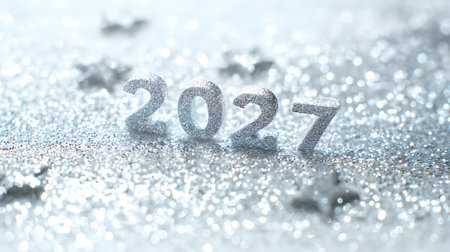 Silver numbers 2027 on a bokeh background. New Year concept.New Year's background with a white Christmas tree and silver snowflakesの素材