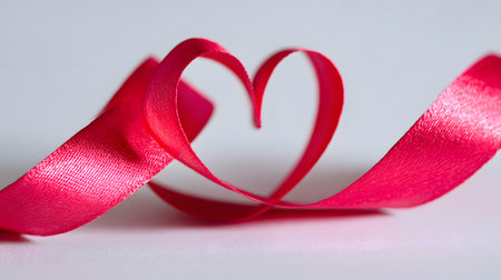 Vibrant Red Ribbon Shaped as a Heart on a Clean White Background. Love, Romance, and Valentine's Day Conceptの素材