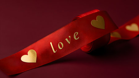 Luxury Red Ribbon with Golden Love Script and Heart Pattern. Valentine's Day and Romantic Gift Wrappingの素材
