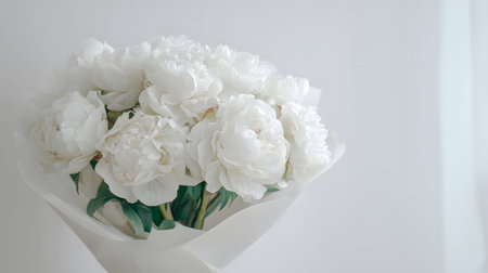 Light pink peonies wrapped in white paper on a soft background. Perfect for weddings, gifting, and floral romance and elegance themesの素材