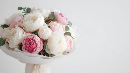 Light pink peonies wrapped in white paper on a soft background. Perfect for weddings, gifting, and floral romance and elegance themesの素材