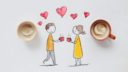 Hand drawn couple with red mugs surrounded by real coffee cups with foam art. Creative blend of illustration and realityの素材