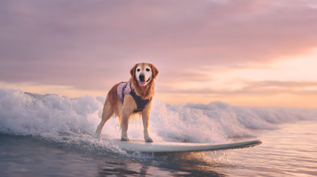 Golden Retriever Surfing on Ocean Wave at Sunset. Adventurous Dog in Life Vest Lifestyle Conceptの素材