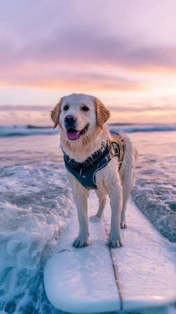 Golden Retriever Surfing on Ocean Wave at Sunset. Adventurous Dog in Life Vest Lifestyle Conceptの素材