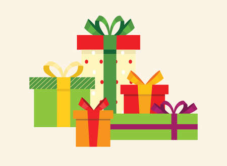 Set of multi-colored gifts in a flat style. Gift boxes. Suitable for designs on the theme of New Year, birthday or Valentine's Day. Vector illustrationのイラスト素材