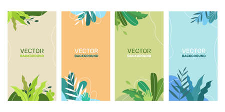 Vector set of abstract backgrounds with copy space for text - bright vibrant banners, posters, cover design templates, social media stories wallpapers with spring leavesのイラスト素材