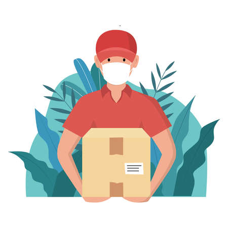 Delivery man with box during the prevention of  virus . Courier in a face mask with food. Safety home delivery. Vector illustrationのイラスト素材