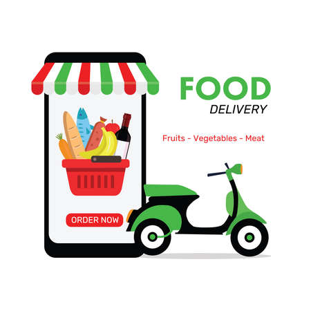 Online delivery service concept, online order tracking, delivery home and office. Warehouse, truck, drone, scooter and bicycle courier, delivery man. Vector illustrationのイラスト素材