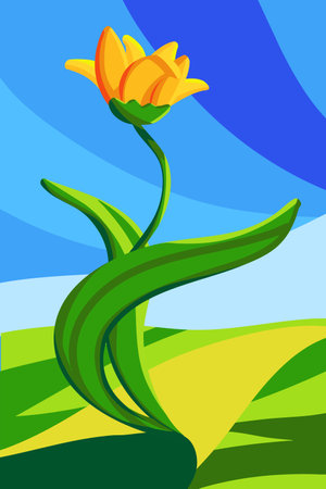 A yellow tulip flower with dynamically rotating leaves dancing in the meadow bathing in the sunlight under the blue sky; a low-angle perspective vector illustration in bold flat caのイラスト素材