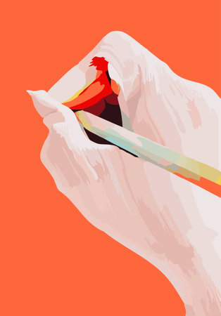 A right hand in a striped glove conveying lines with a pencil; a vector illustration with copy space for clip art, holiday greetings, New Year resolutions, postal communicationのイラスト素材