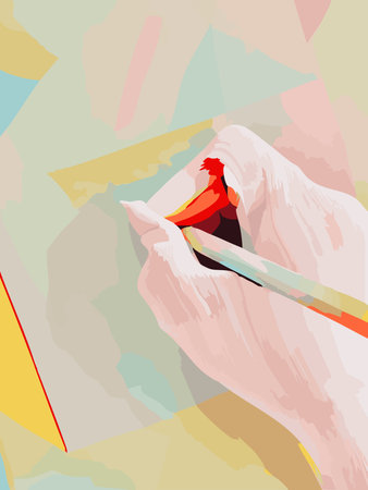 A right hand writing with a pen or pencil on colorful blank envelopes with copy space; a vector illustration for holiday greetings, New Year resolutions, postal communicationのイラスト素材