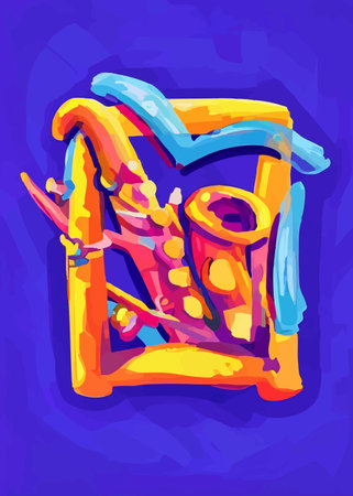 Saxophone, open book with pages resembling flying bird, and sakura branch with flowers getting out of golden frame or easel; a digital vector painting of music, literature, ikebanaのイラスト素材