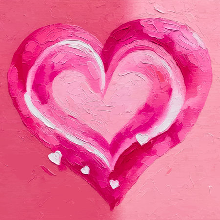 A pink heart shape with texture reminding rough thick brush strokes framed with little white hearts against the two-colored background; an oil-styled vector digital paintingのイラスト素材
