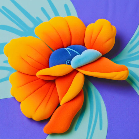 Purple crow head wearing winter hat looking out of yellow flower with joy against blue and lilac...
